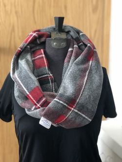 Handmade infinity scarf, grey and red.