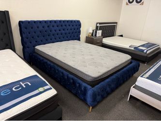Blue Velvet Tufted Upholstered Bed Frame