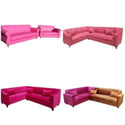 NEW  7FT SOFA AND LOVESEAT SET.  7X9FT SECTIONAL COUCHES.  PINK LEATHER VELVET PINK, DUSTY ROSE  , ORANGE FABRIC  Sofas./ More Color  Fabric Available