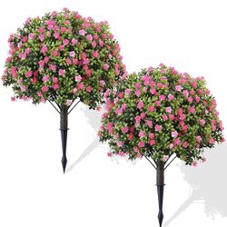 Artificial Topiary Trees with Pink Flowers, 2 Set of 27 Inches High,UV Resistance, Fake Flower with Ground Spike, Weather Resistant 🆕✅•Retails $79.99