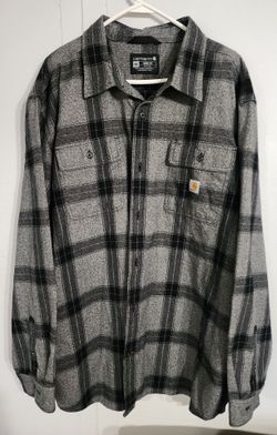 Carhartt Men's Loose Fit Heavyweight Plaid Flannel Shirt in a gray and black colorway.
