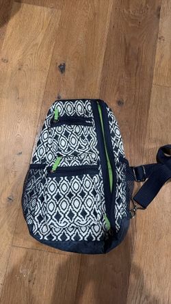 Thirty-One Black and White Patterned Sling Bag with Green Accents 0303