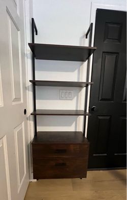 Industrial Two Colors Bookshelf with Wood Drawers and Matte Steel Frame, Vintage/Black Display Bookshelf for Storage