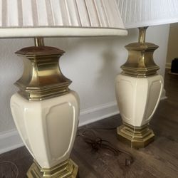 Vintage Stiffel brass & cream porcelain lamps – pair