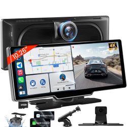 10.26'' Wireless Carplay Screen for Car with 4K Dash Cam & 1080P Backup Camera, Portable Car Audio Receivers with Carplay & Android Auto, GPS Navigati