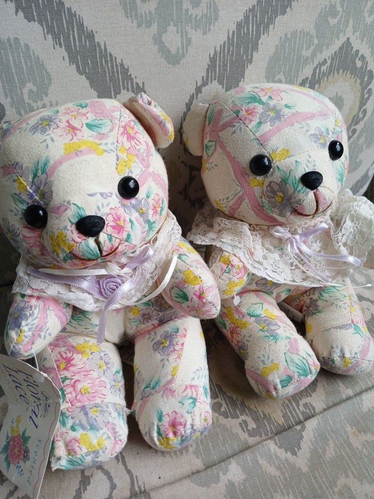 Vintage Drummers West LTD Floral Teddy Bear Plush Animal Flowers (Set of 2)
