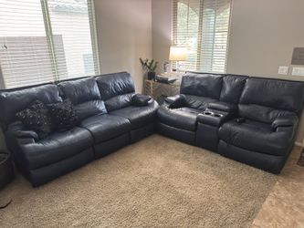 Navy Blue Leather Reclining Sofa & Loveseat Set – Great Condition!