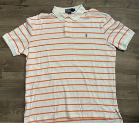 Ralph Lauren Polo T-shirt Striped White Orange Large Y2K Golf Sport
