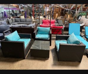 New assembled set of 4pcs armrest chairs with blue cushions and table (while supplies)