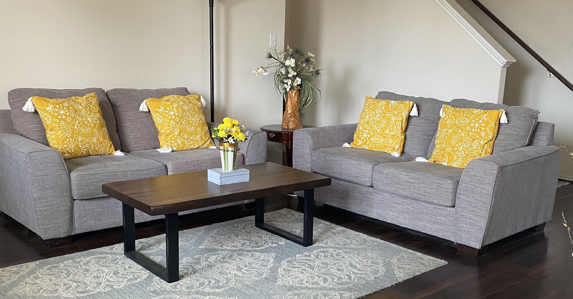 Lightly Used Two Extra Large Love Seats With Light Gray Fabric, Cushions Not Included