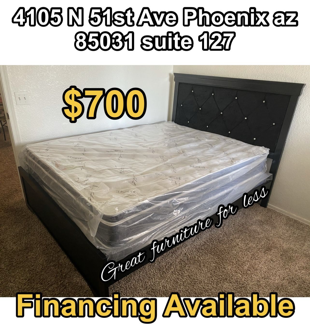 Queen Size Bed Frame Black With Pillow Top Mattress And Boxspring Brand New