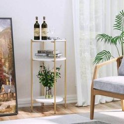 New Round End Table, 3-Tier Side Table Accent Table with Detachable Linen Basket White Gold