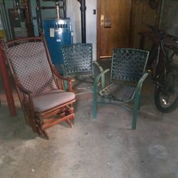 Antique Wooden Rocking Chair, Two Patio Chairs