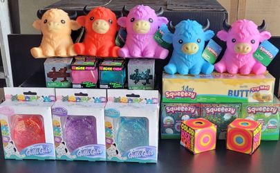 NeeDoh Cube, Color Change, Squishmallows Gelli Gels, Squeezy Cow, Butter,Dice. Minecraft Cubes $10ea