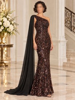 One-Shoulder Sequin Mermaid Gown with Cape