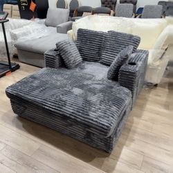 58 Inch Chaise Lounge Indoor, Plush Sleeper Chair with Throw Pillows, Upholstered Sofa Bed with Armrests, Plush Chair Bed for Living Room(Grey)