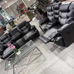 Manual Recliner Sofa Set With Hidden Cupholders 🖤
