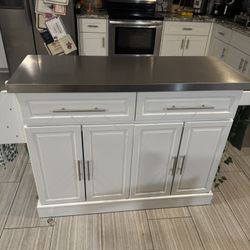 White And Stainless Steel Portable Island With Wheels 