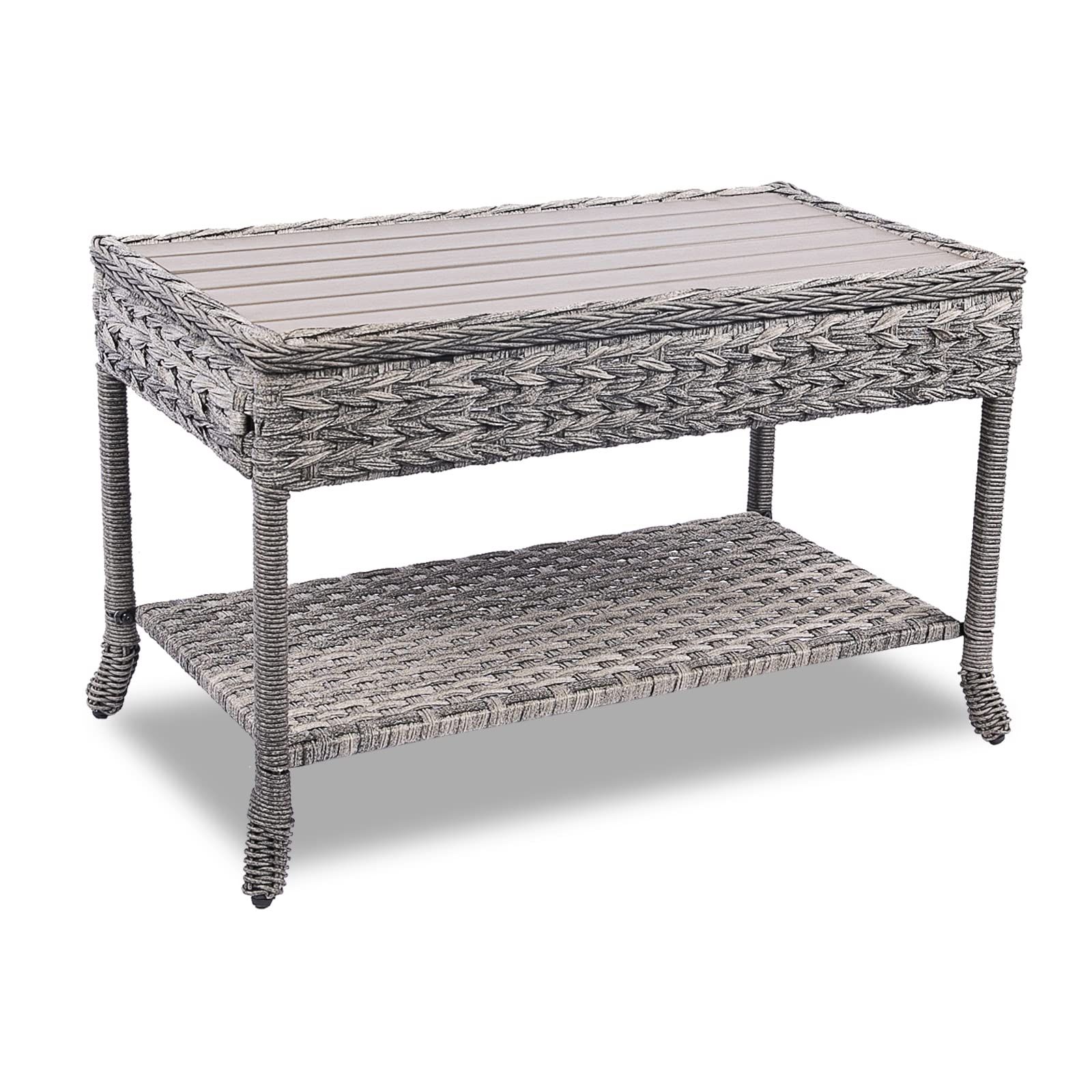 Wicker Outdoor Coffee Table With Storage Shelf, All Weather Resin