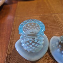 Two vintage 1950s FENTON blue opalescent hobnail hat invase