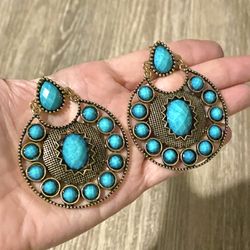 Large Turquoise Tone Brass Tone Statement Earrings 