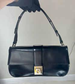 SALVATORE FERRAGAMO Black Leather Handbag Clutch Silver Hardware Shoulder Bag