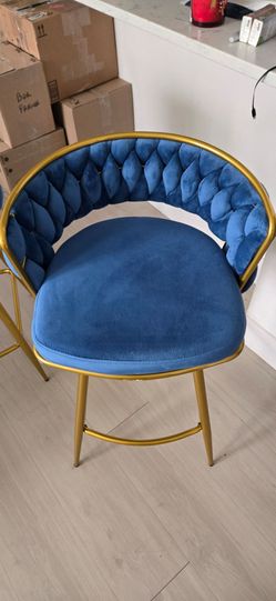 Blue Velvet Bar Stool with Gold Frame