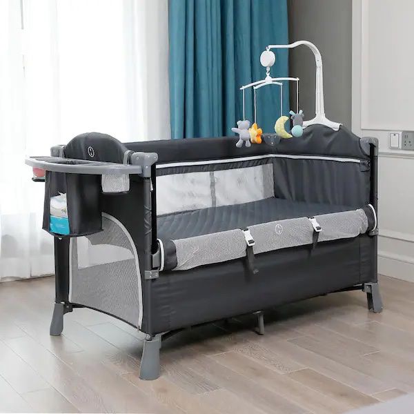 Gray Multifunctional Foldable Baby Crib Co-sleeper Playpen Adjustable Infant Bassinet Bed with Carry Bag Hanging Toys