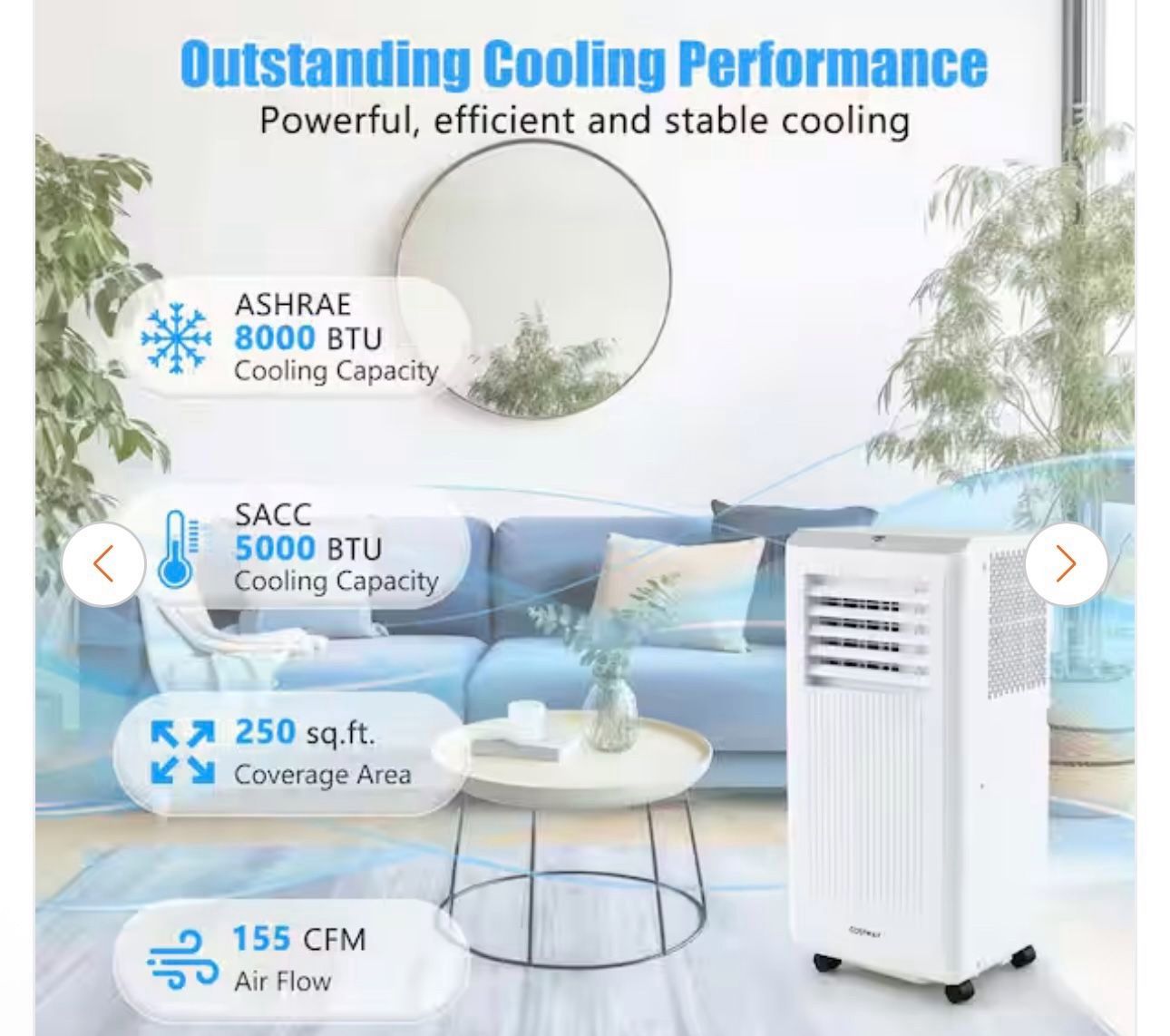 5000 BTU Portable Air Conditioner Cools 250 sq. ft. with Dehumidifier in White