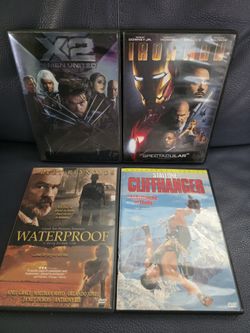 4 DVDs Movies: X2 X-Men United, Cliffhanger, Iron Man, Waterproof