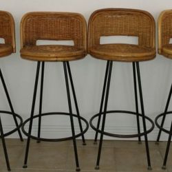 (4) vintage MID century TIKI rattan WICKER bamboo SWIVEL bar STOOLS