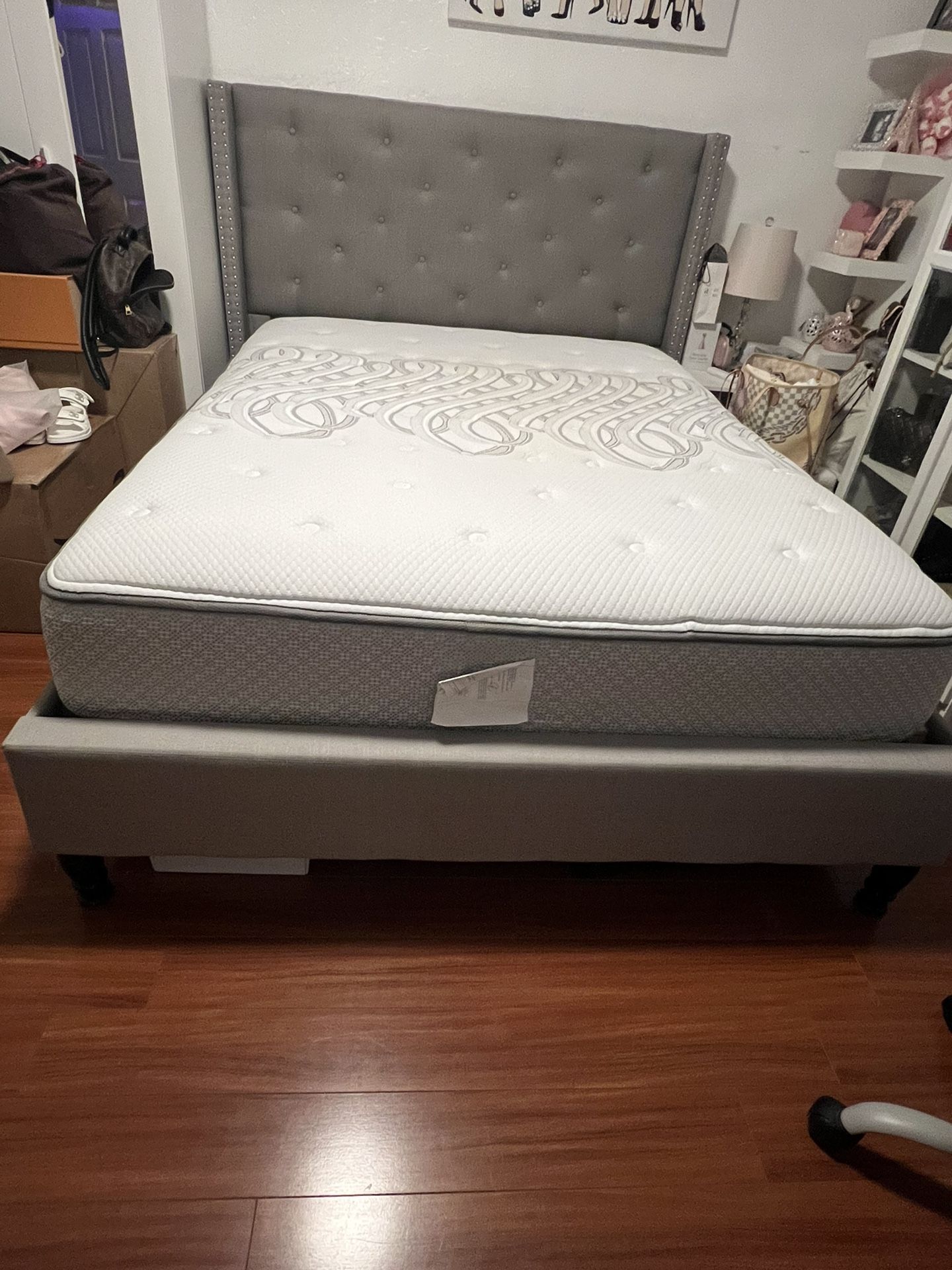 Queen Size Bed Mattress & Gray Bed Frame