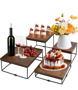 Meiqidi 4 Pack Wooden Buffet Risers, Tiered Food Display Stands Set - Square Cupcake Stands For Dessert Table, Party, Retail Display (Rustic Brown, 7"