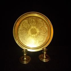 14" TRAY & BRASS CANDLE HOLDERS
