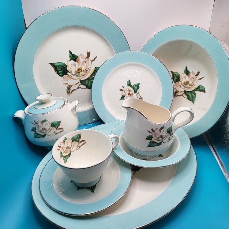 53 Pieces Homer Laughlin Semi-Vitreous Magnolia Pattern Turquoise Rim