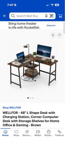 48" L Shape Desk with Charging Station, Corner Computer Desk with Storage Shelves for Home Office & Gaming - Brown