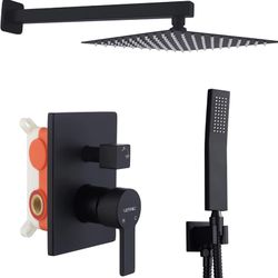 Shower Faucet Set Black, Wall Mounted Shower Systems with 10 Inches Rain Shower Head and Brass Handheld, Shower Faucets Sets Complete Shower Trim Kit 