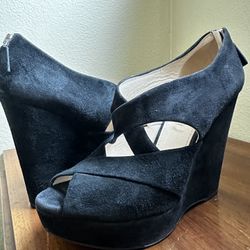 PRADA- Black Suede Iris Platform Wedges