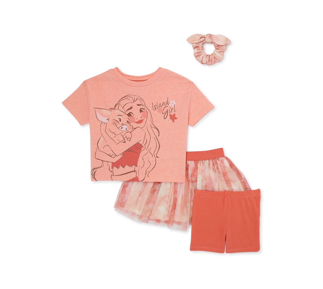 Moana Baby and Toddler Girl Tee, Shorts, Skirt and Hair Scrunchy Set, 4-Piece