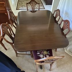 Vintage Duncan Phyfe Style Mahogany Dining Table & 6 Needlepoint Chairs