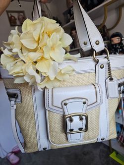 Coach Straw and White Leather Tote Bag
