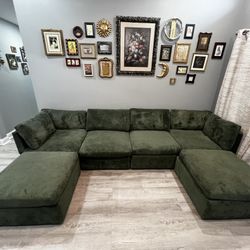 Large Green Corduroy Modular Sectional Couch - U-Shape / Double Chaise (Good Condition)