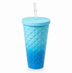 Blue Geometric Plastic Tumbler w/ Lid & Straw, Textured Drinking Glass