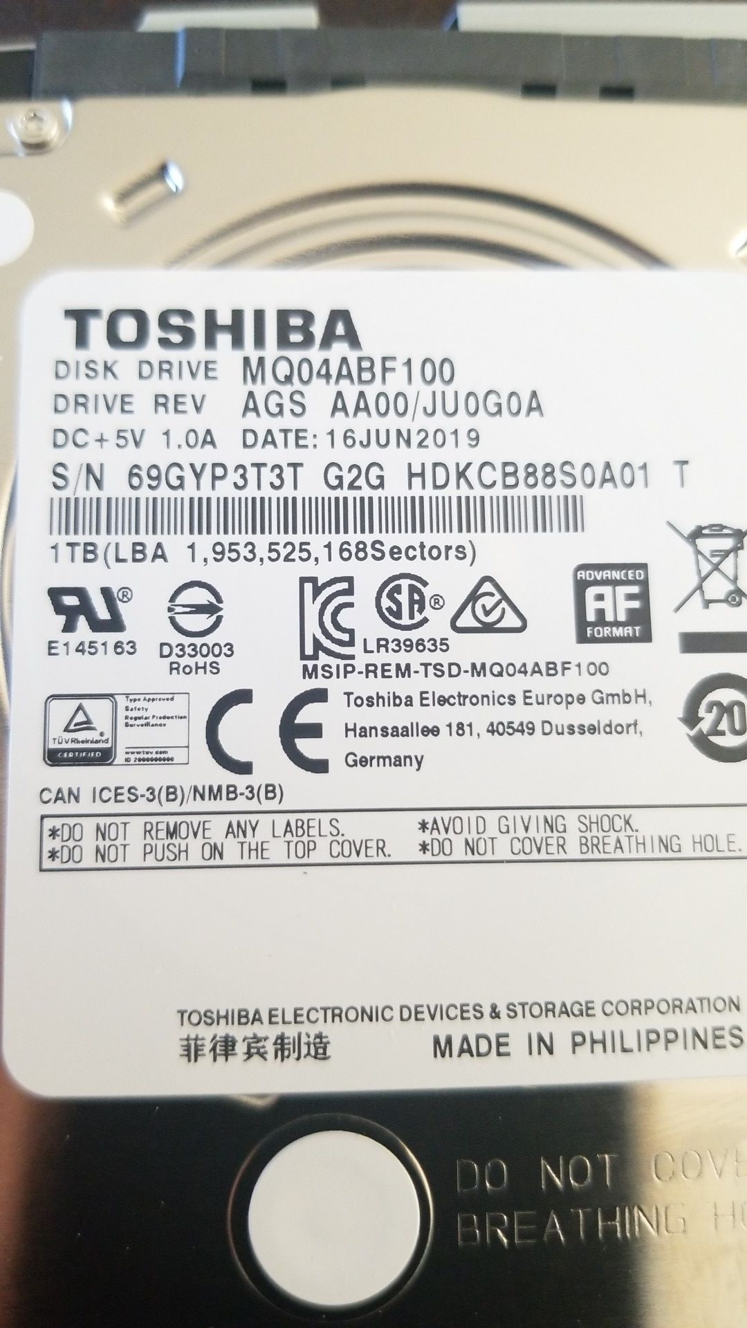Toshiba 1TB hard drive