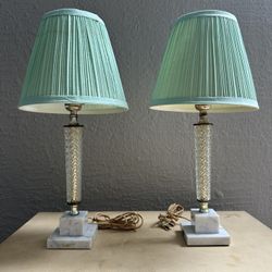 Vintage Italian Cut Crystal Marble Boudoir Buffet Table Lamp Pair 