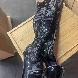Pleasers Black Leather Thigh High Heels