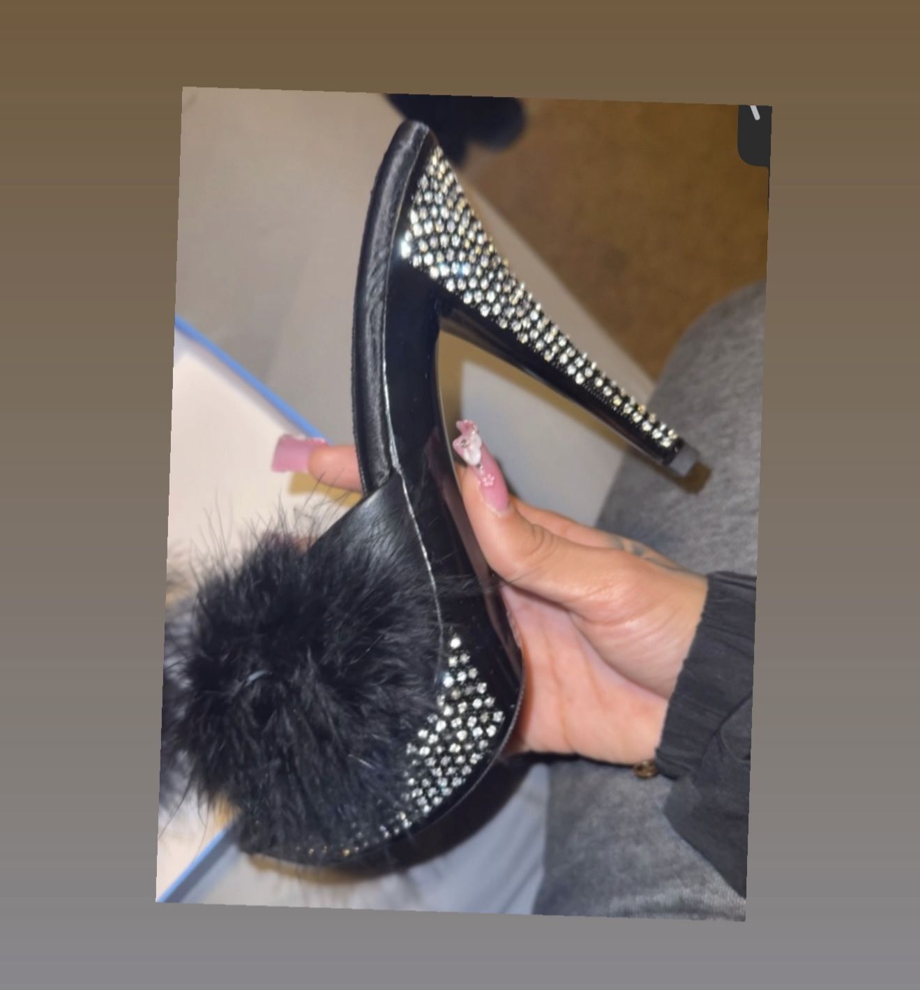 Black Fluffy Rhinestone Heels