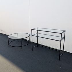 black metal + glass console and coffee table