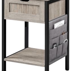 Nightstand with Storage Drawer and Shelf, Bedside Table with Removable Bag, Wooden Bedside Cupboard Sofa Side Table with Steel Legs for Bedroom/Small 