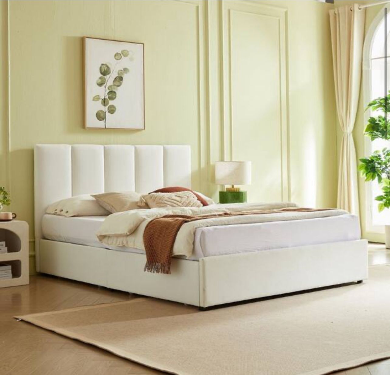 White Plywood Frame Queen Size Platform Bed with Storage Drawers